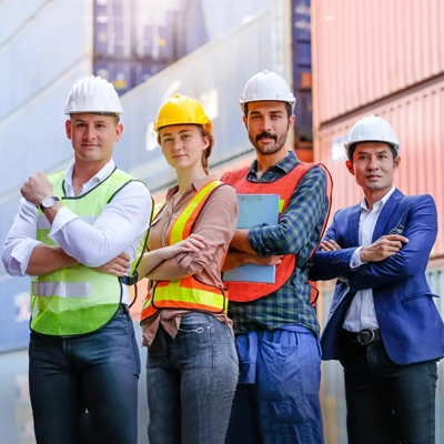 A group of workers in safety helmets and gear standing confidently, representing Yiğitoğlu's focus on safety and teamwork.