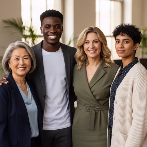 İnsan odaklı çalışma kültürünü ve çalışanların refahını temsil eden çeşitlilik içeren profesyonel ekip.